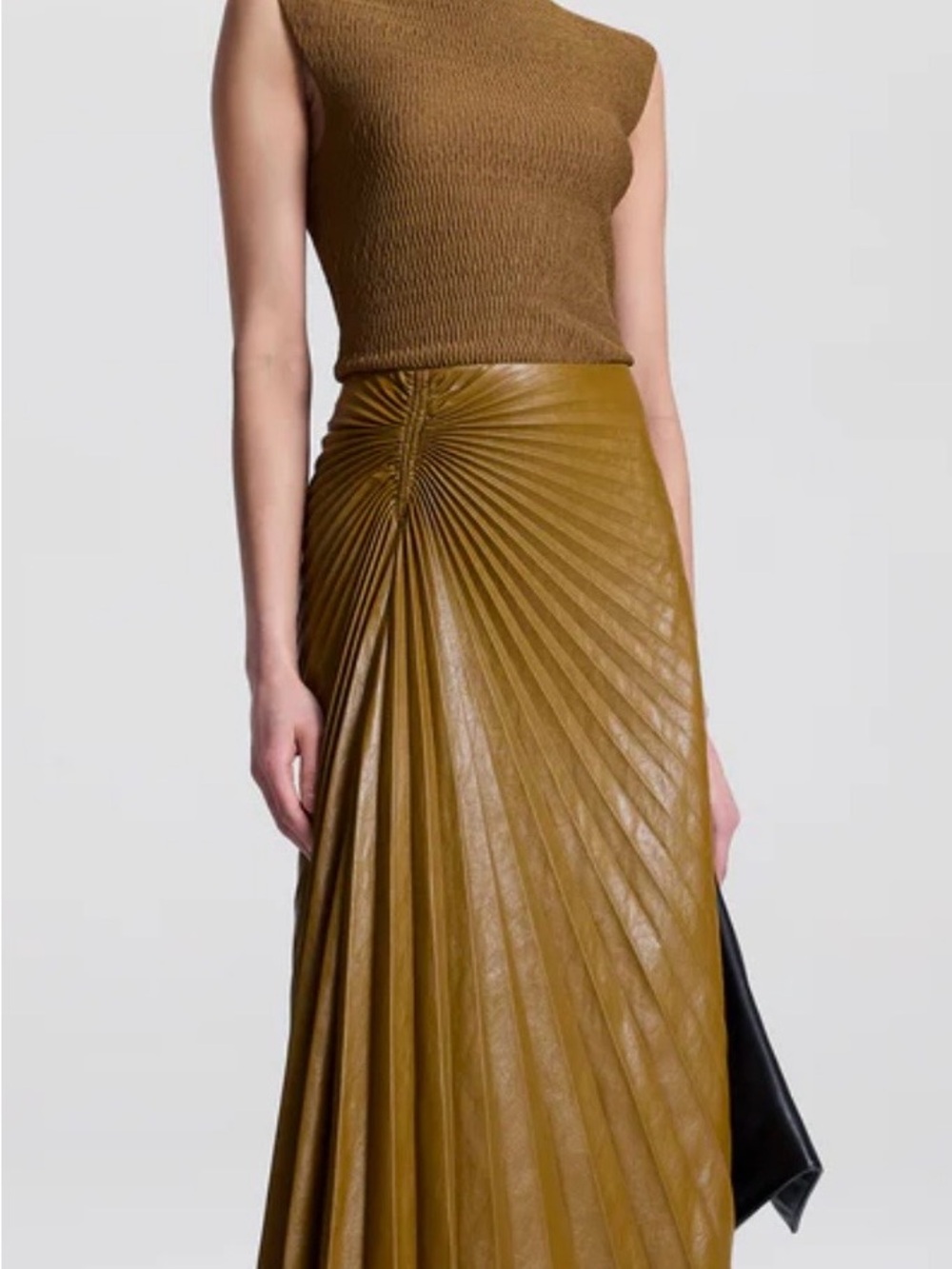 A.L.C. Pleated Faux Leather A-Line Skirt in Brown - Picture 6 of 9